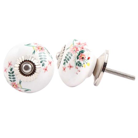 White Floral Leafy Painted Knob